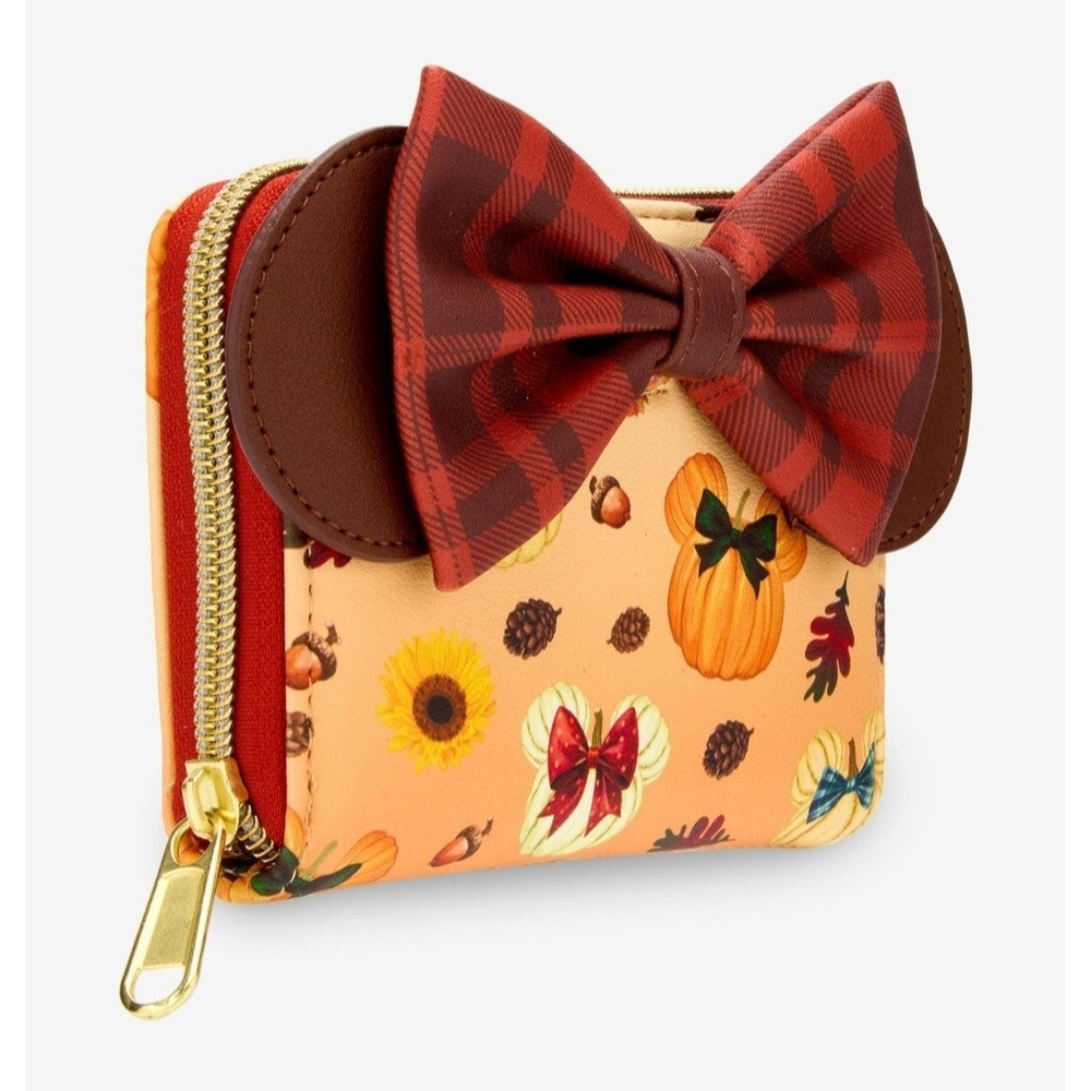 NEW! Loungefly Disney Minnie Mouse Fall Pumpkin Plaid Bow Backpack & WALLET Set! - Picture 8 of 9